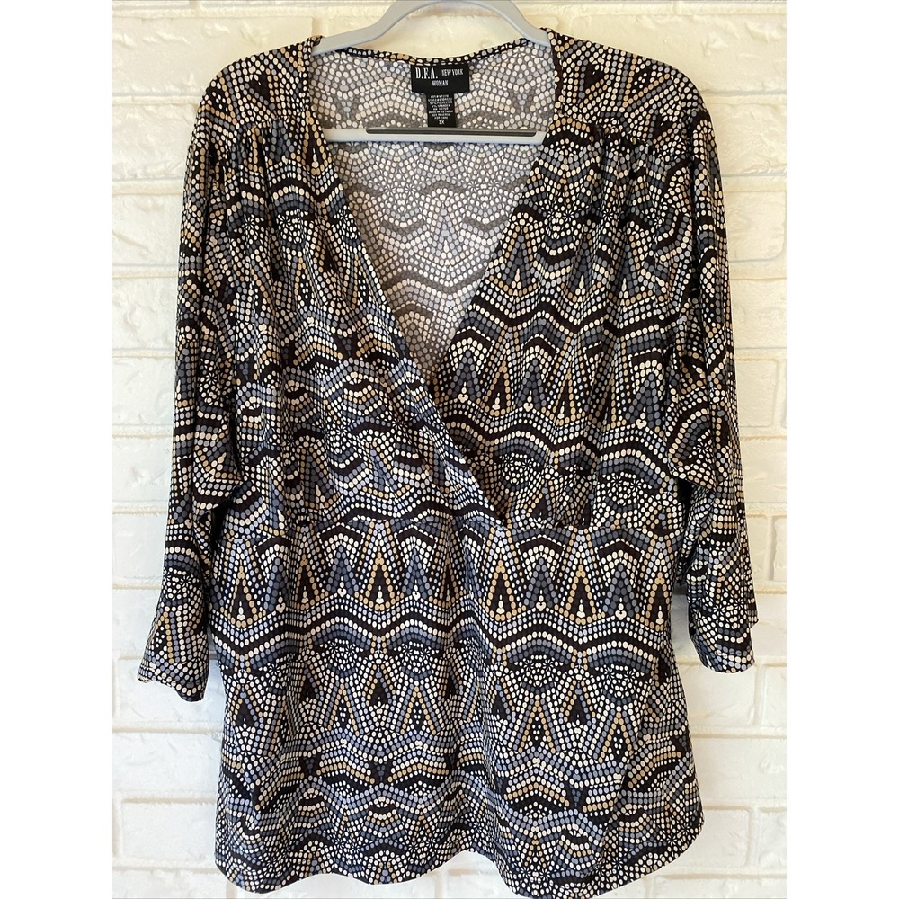 D.F.A. New York Woman‎ 1/2 Sleeve Geometric Black Tan Shirt Size 3X